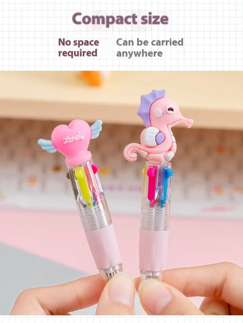Cartoon Cute Object four-colour press ballpoint pen with random design showing 0.7mm tip.