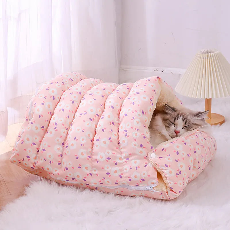 Closed winter cat nest with removable floral cloth cover in M and S sizes