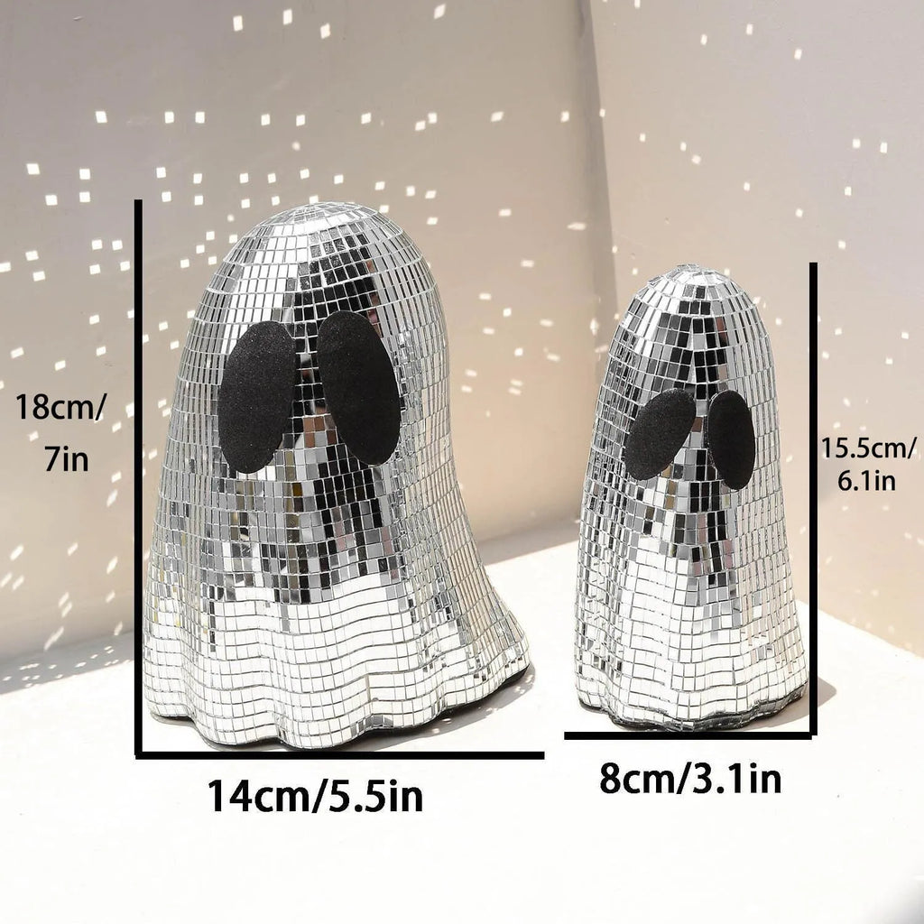 Silver ghost-shaped Halloween desktop decoration with sparkling mosaic mirror patch details.