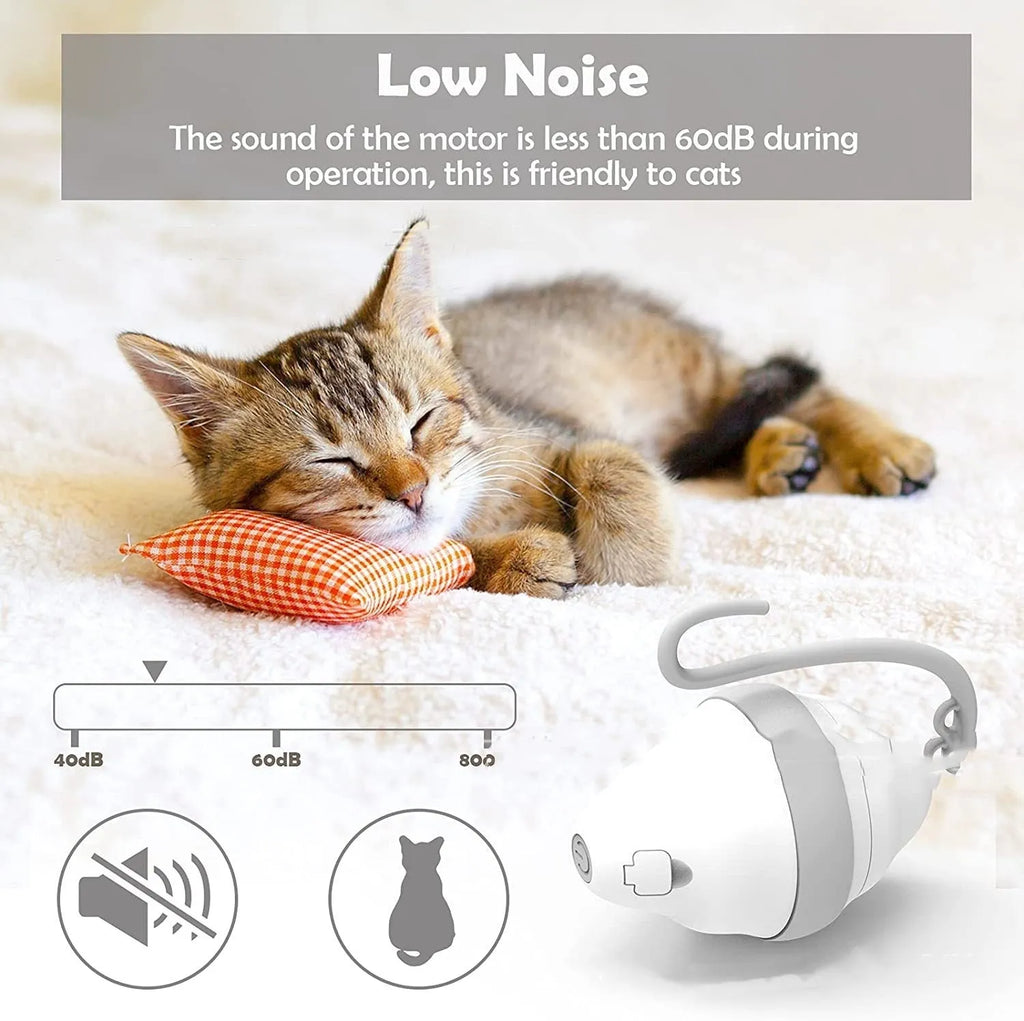 Gray 360 rolling mouse cat toy with feather teaser on plastic body, 11x8.5x6cm