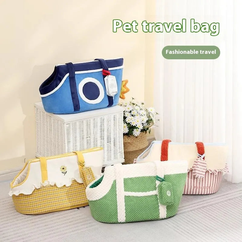 Short plush shoulder cat bag with cartoon pattern in green, red, or yellow colour options
