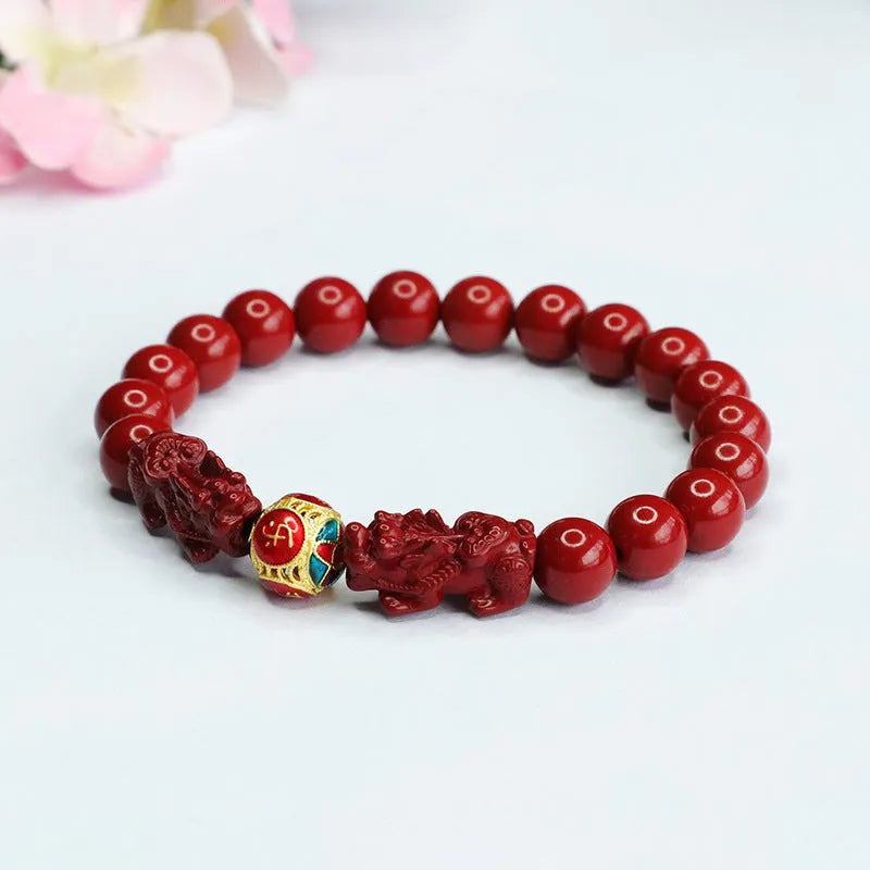 Purple gold sand cinnabar women's bracelet with double Pixiu carving, 8mm diameter