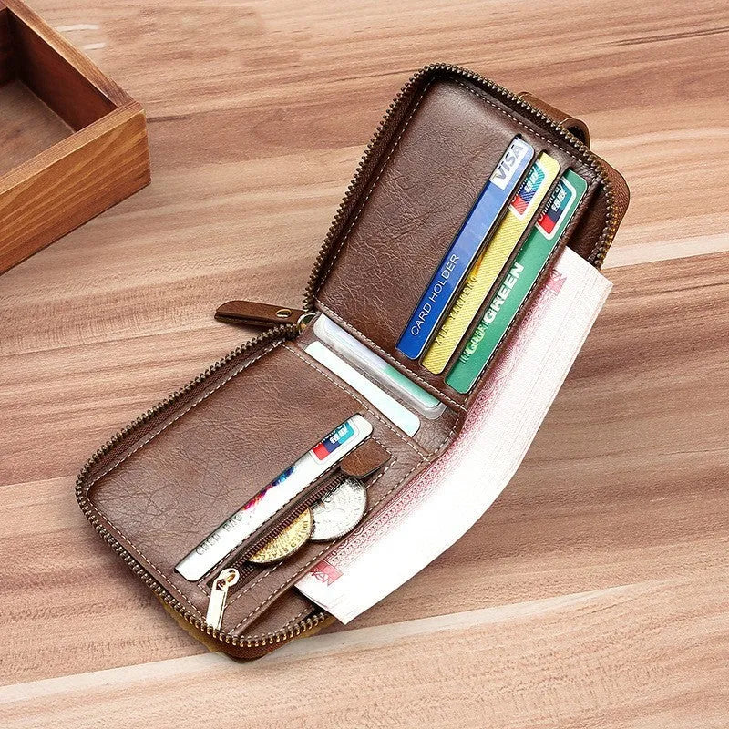 Men's two-fold PU wallet in European American style showing light brown, black and dark brown colour options