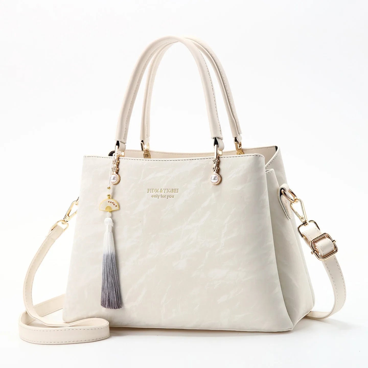 Women's large square shoulder bag in PU leather with a slit pocket, shown in beige colour.