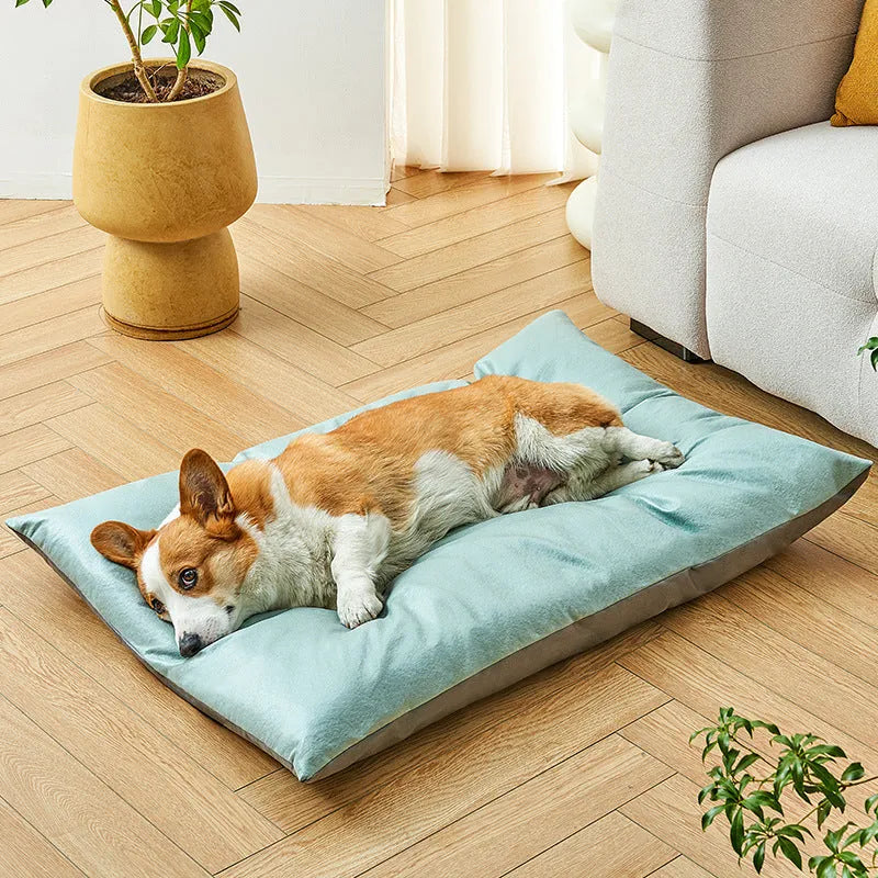 Blue cooling pet bed for cat or small dog showing lightweight foam construction and size scale.