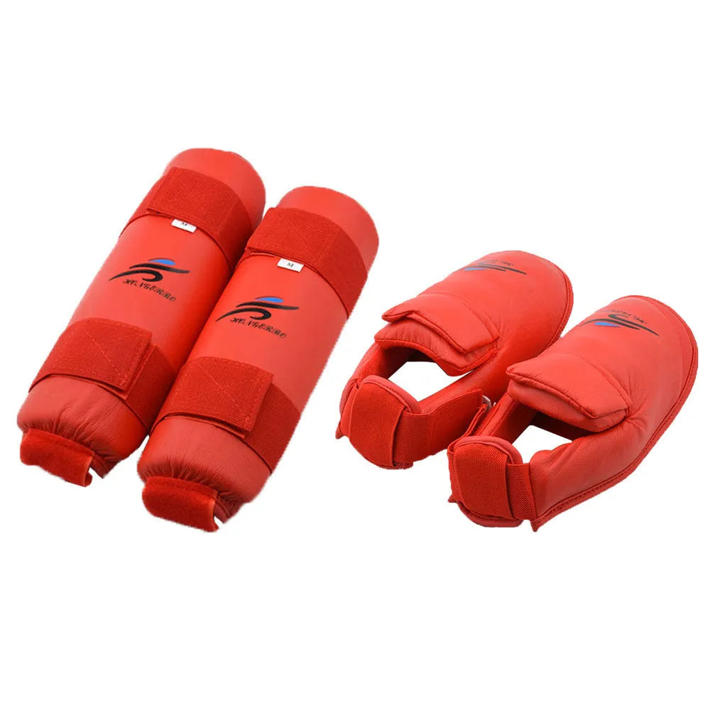 Karate taekwondo protective gear set including leg guard, helmet and boxing gloves in red PU material