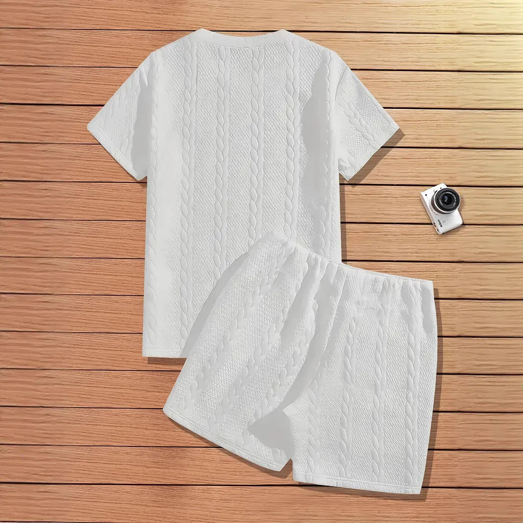 Men's black sportswear set with patch design showing T-shirt and matching shorts