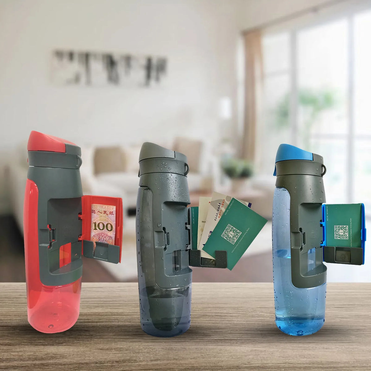 Water bottle shape hidden security container, PET, 750 ml, 7.5 x 26 cm, with BPA-free lid, shown in black.