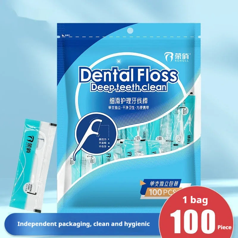 Clear plastic bag containing 100 or 108 pieces of disposable high tensile dental floss.