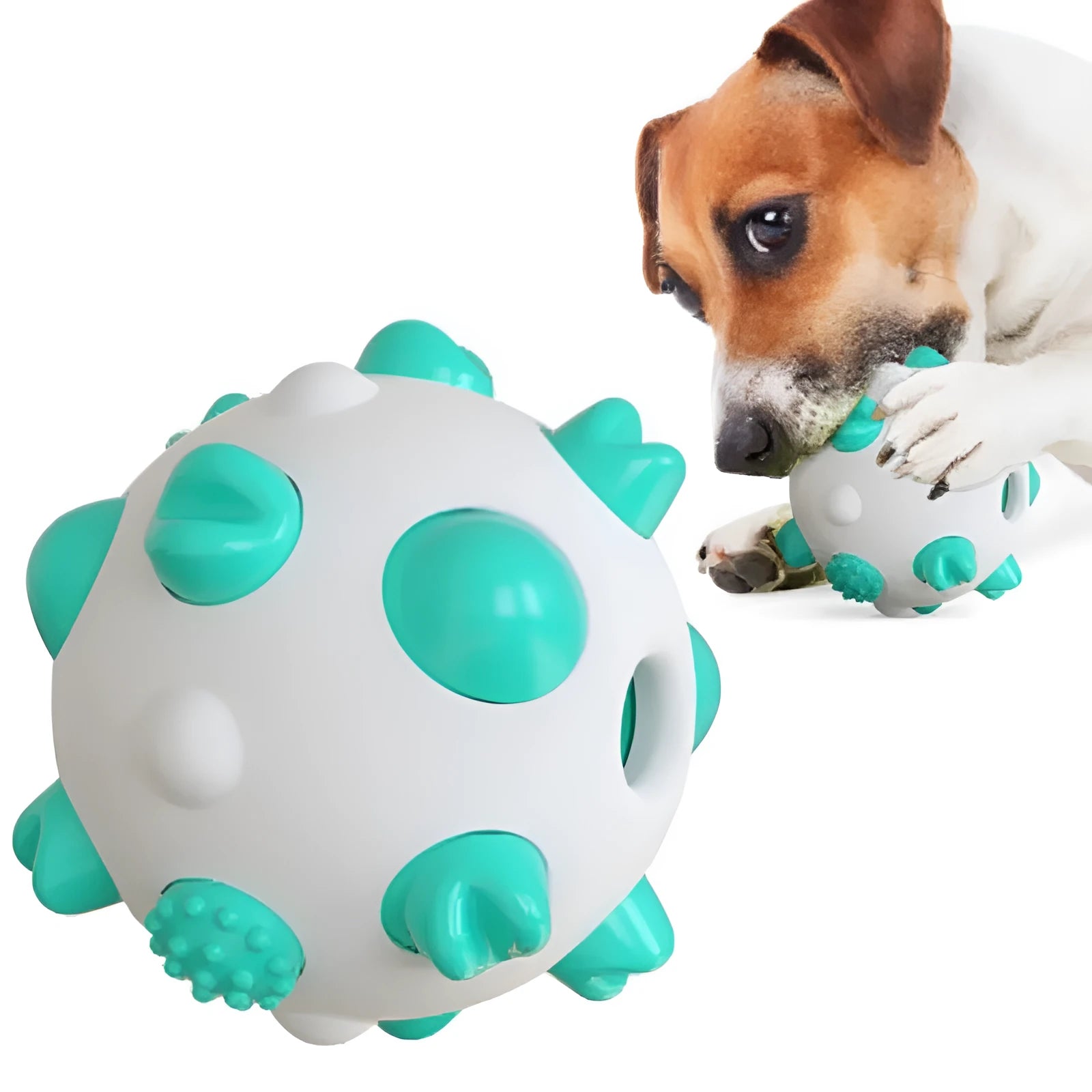 Blue dog teething chew ball with textured bumps and hollow treat compartment.