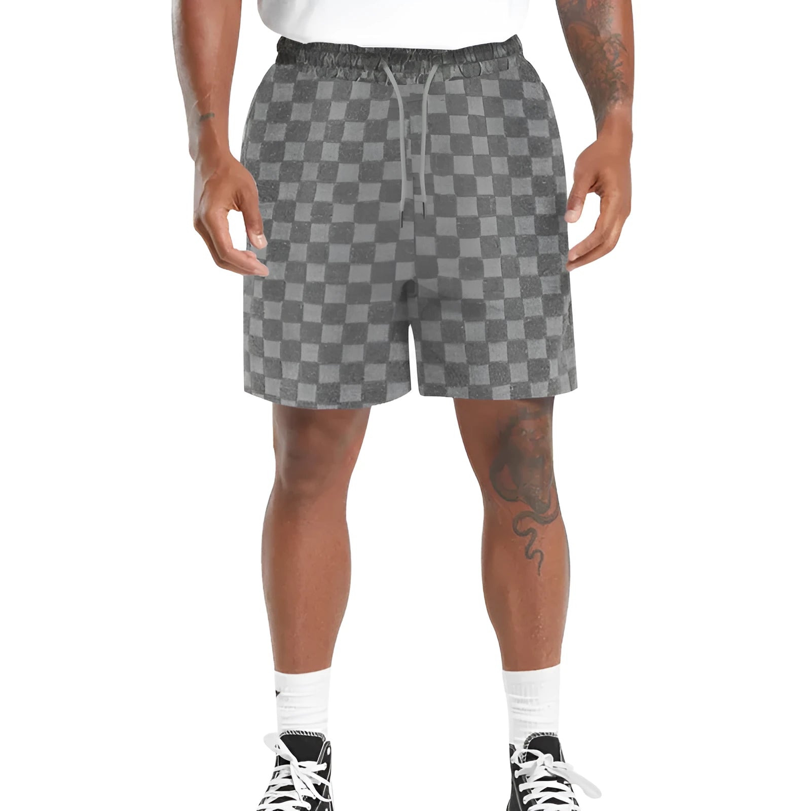Men's loose-fitting checkerboard plaid sports shorts in micro-elastic polyester, shown in a neutral colour.