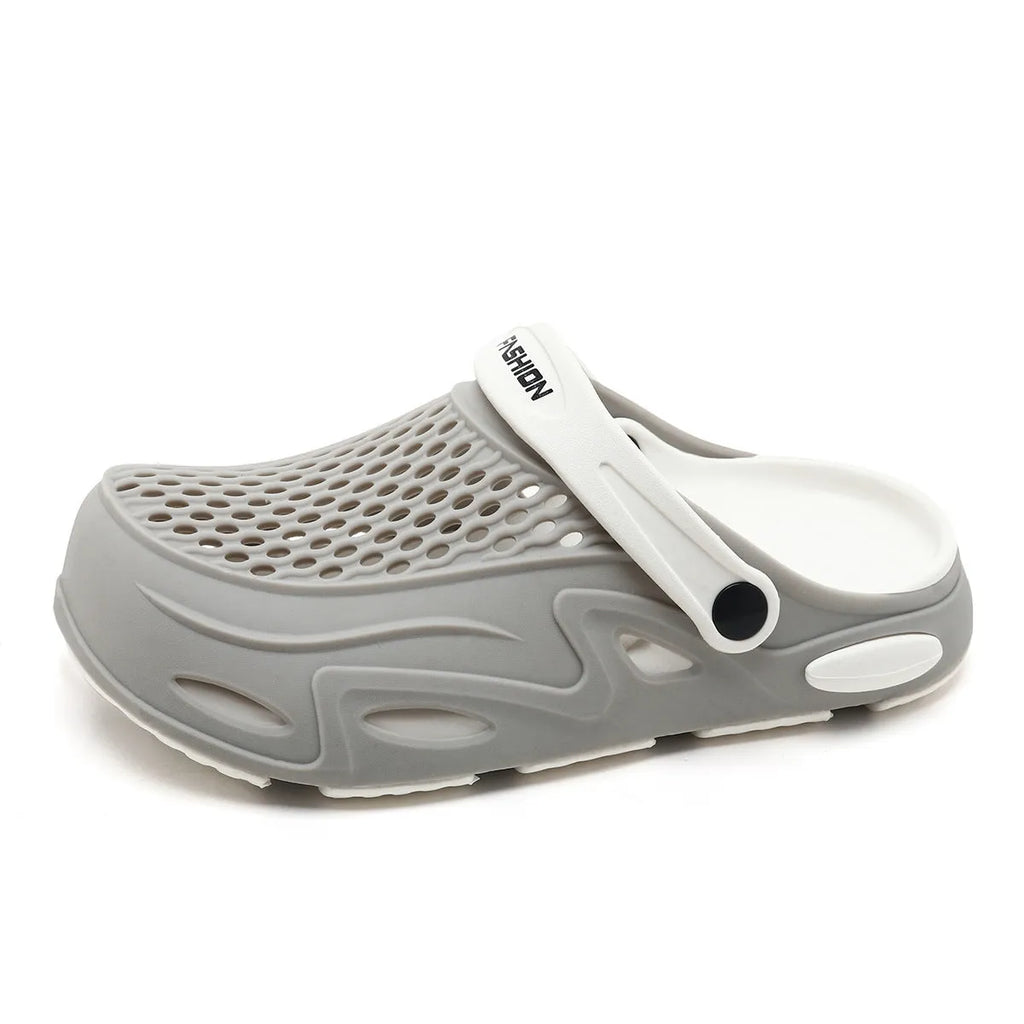 Men's grey closed toe beach slippers with non-slip EVA sole and round toe design