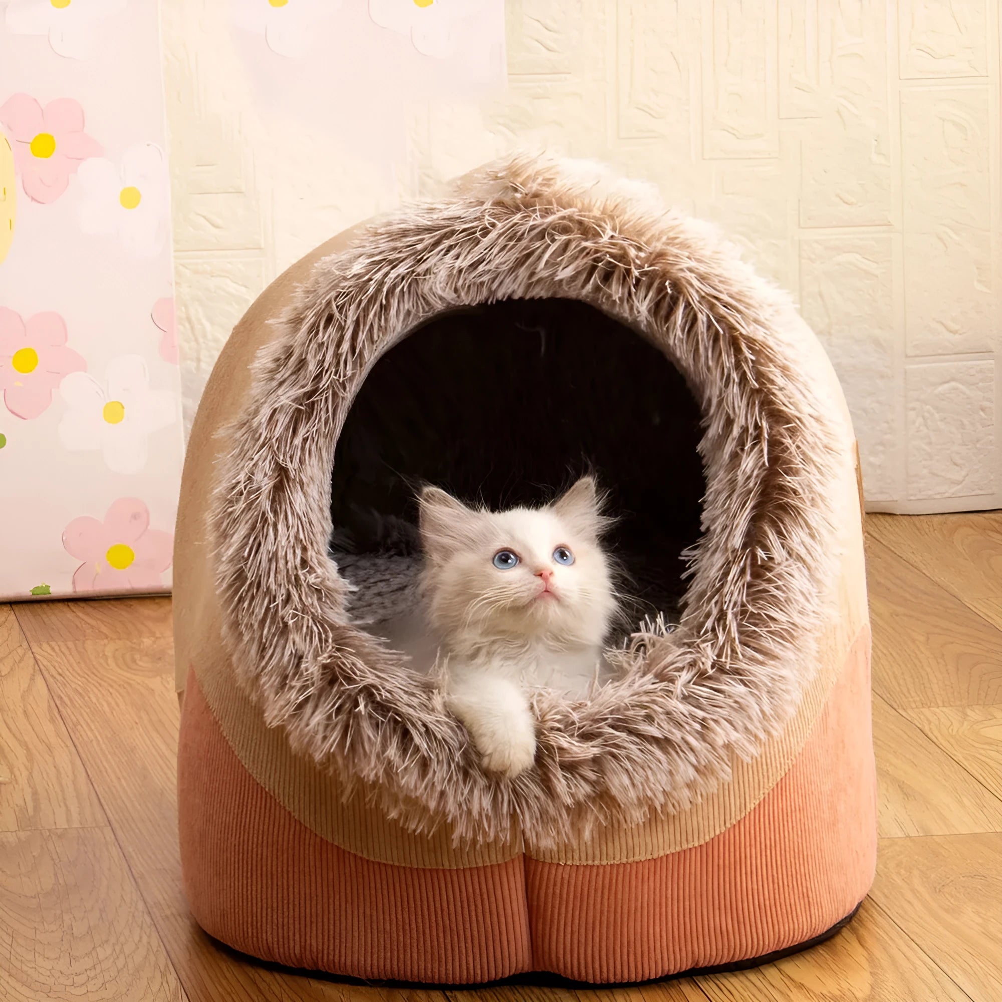 Soft warm washable dog bed mat in gray colour, L size, placed on a kennel floor