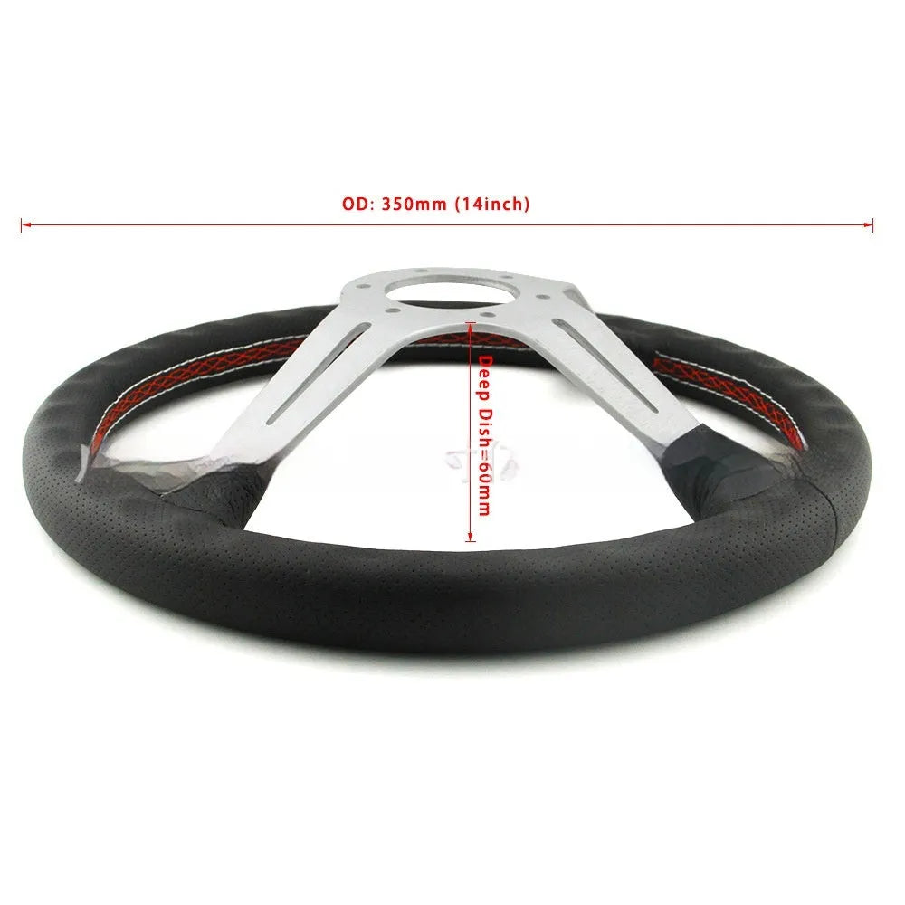 Leather-wrapped 14-inch steering wheel with a middle concave rim on a black metal skeleton.