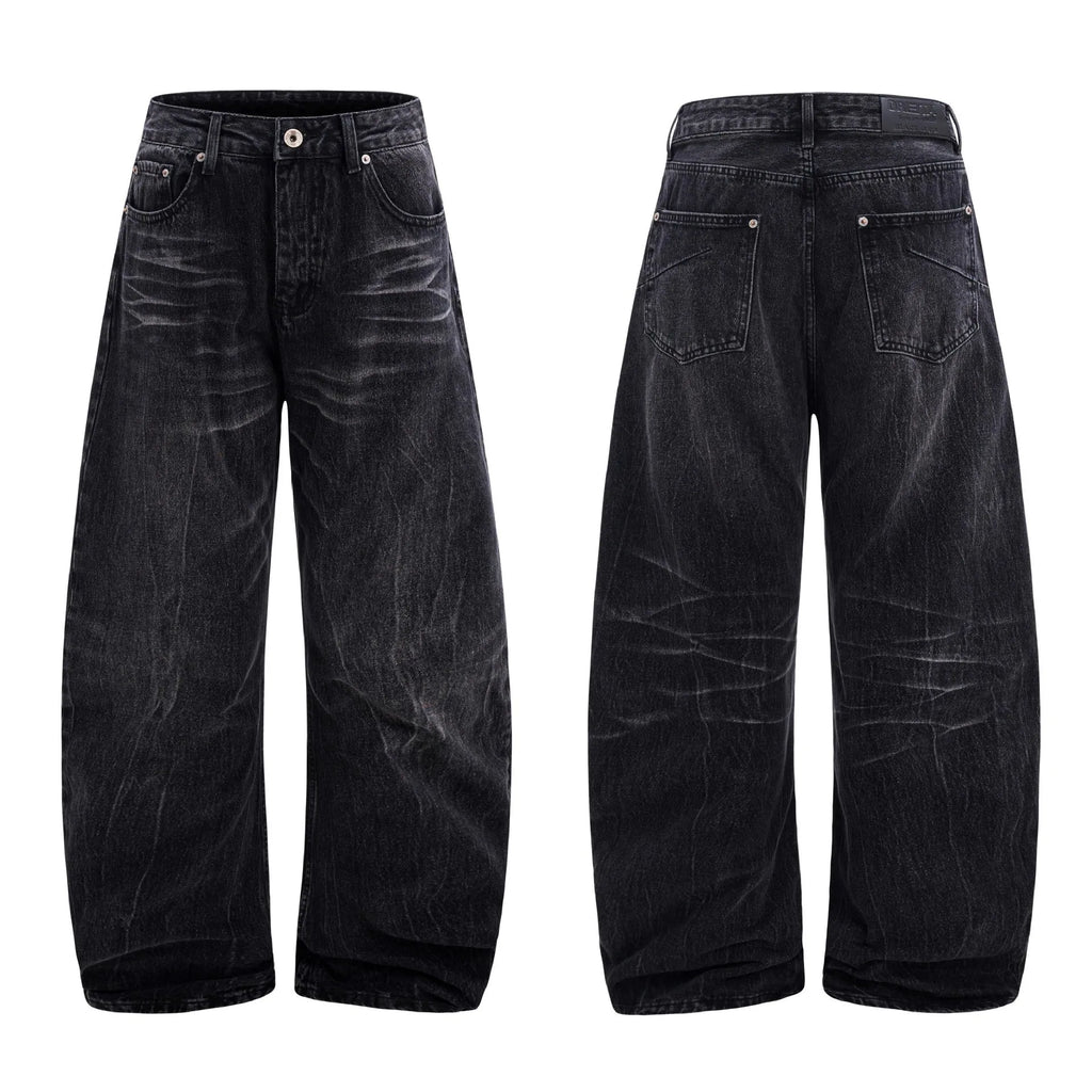 Men's black straight-leg jeans with lightning crack distressing on cotton denim