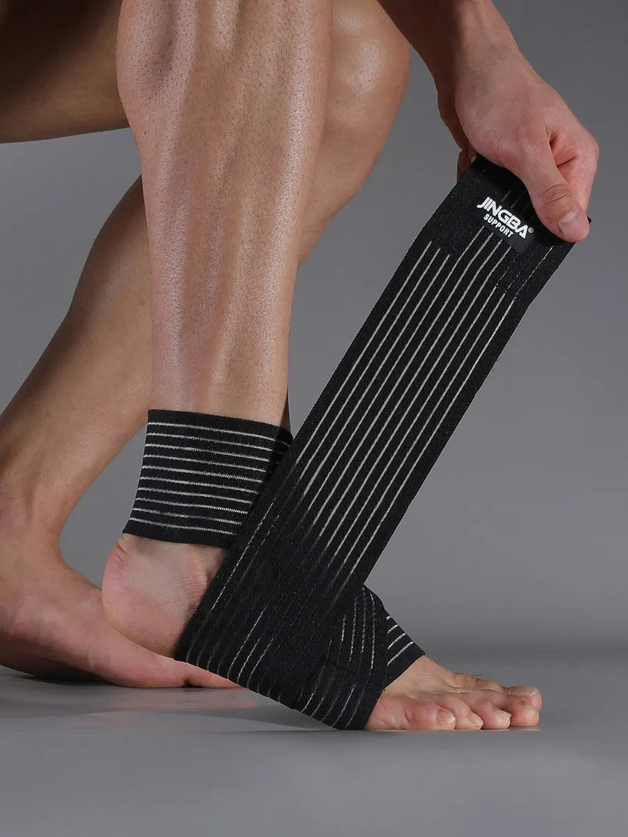 Black adjustable elastic sports bandage for ankle support during running and basketball.