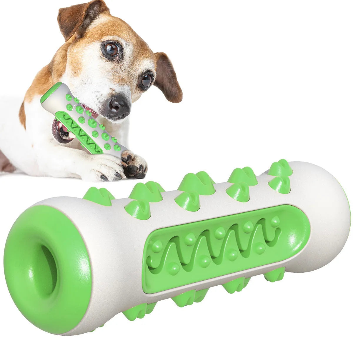 Natural rubber dog dental chew toy in blue, shown as a toothbrush-shaped stick for teeth cleaning.