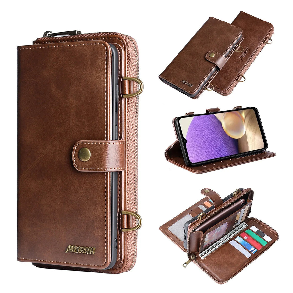 Multifunctional wallet phone case with diagonal card slots for iPhone and Samsung models in pure colour machined finish