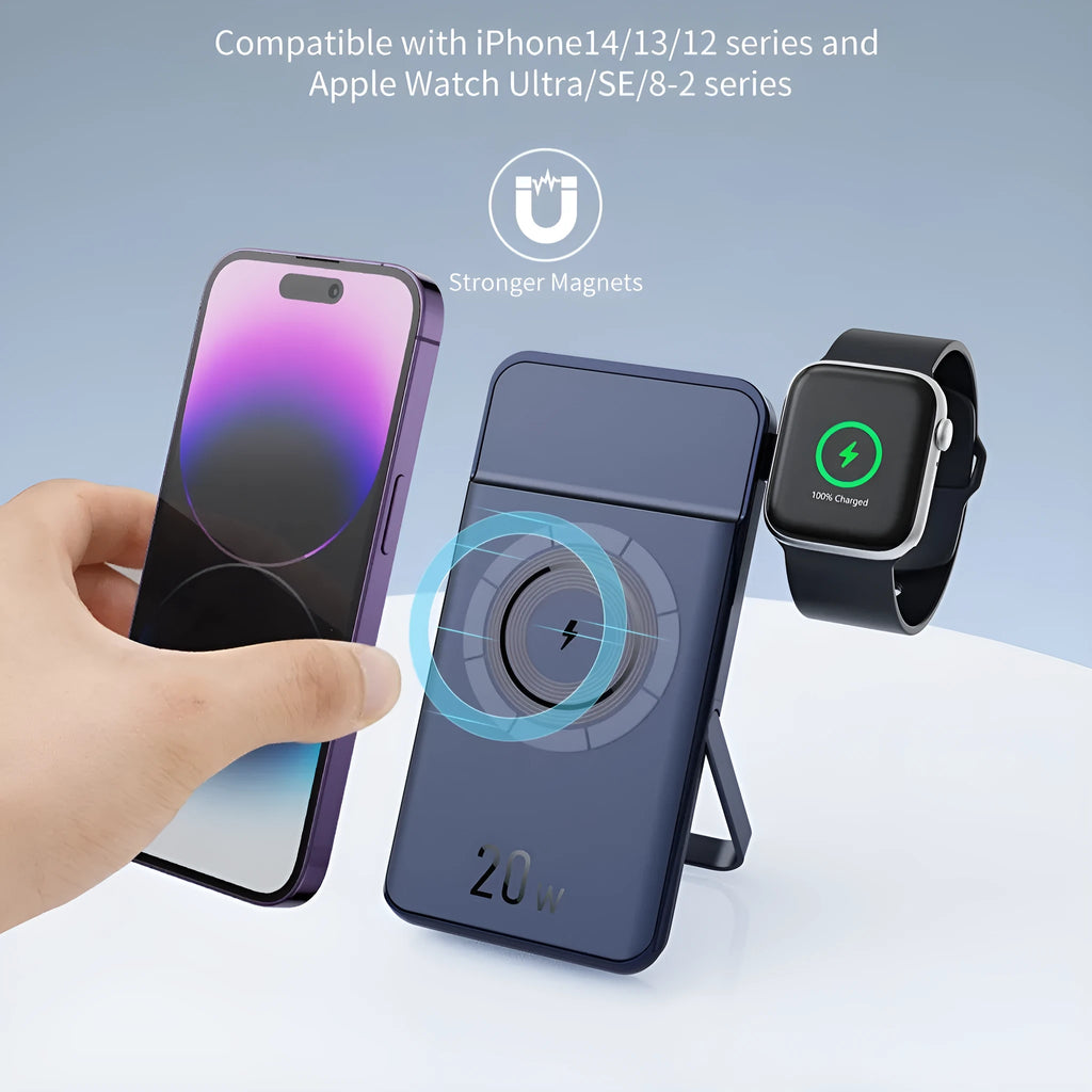 Black magnetic wireless power bank with 10000mAh capacity and three-in-one bracket