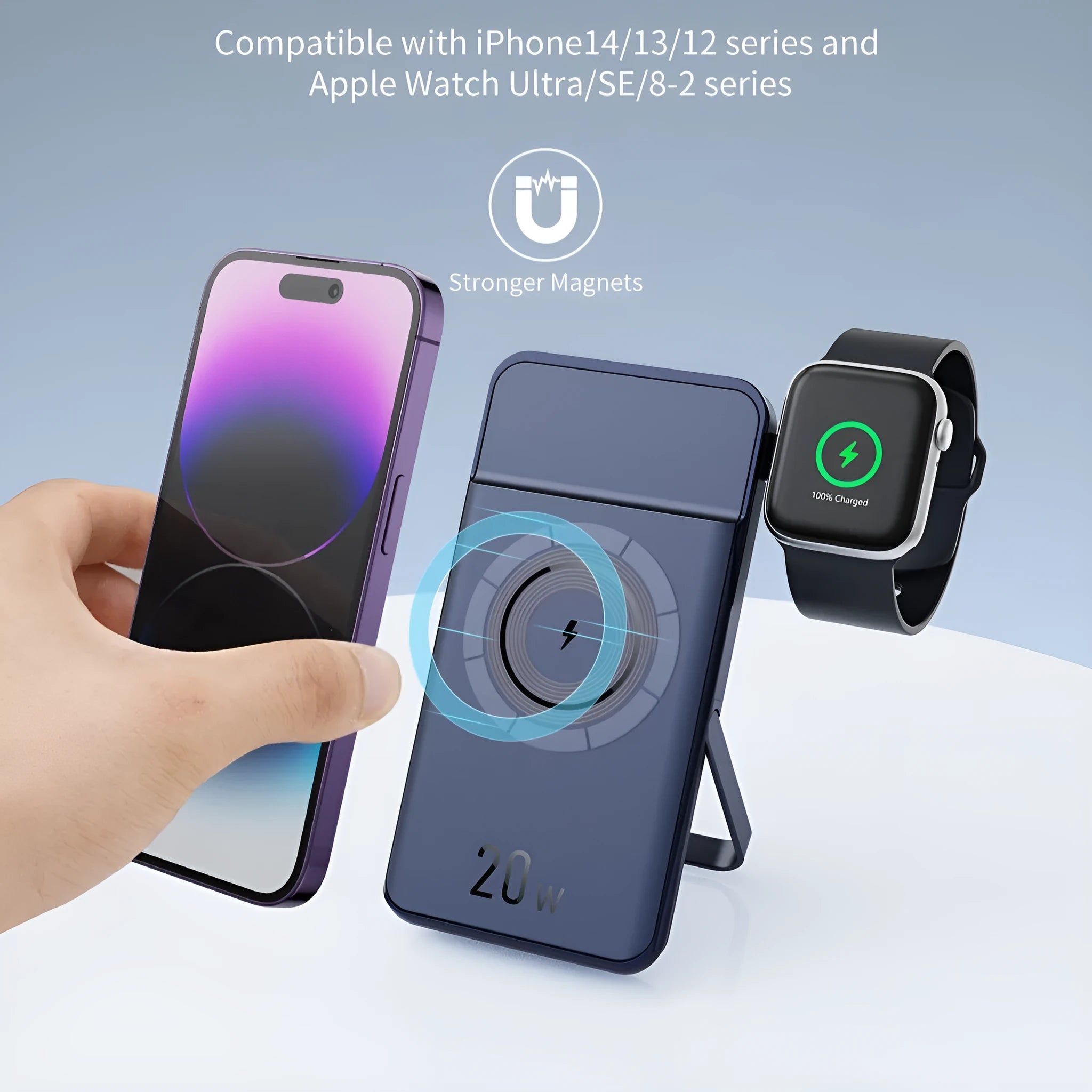 Black magnetic wireless power bank with 10000mAh capacity and three-in-one bracket
