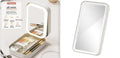 Pink portable makeup storage box with built-in LED light mirror and touch control, showing cosmetic storage compartment.