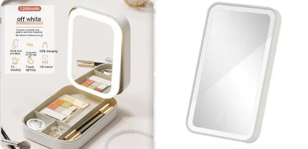 Pink portable makeup storage box with built-in LED light mirror and touch control, showing cosmetic storage compartment.