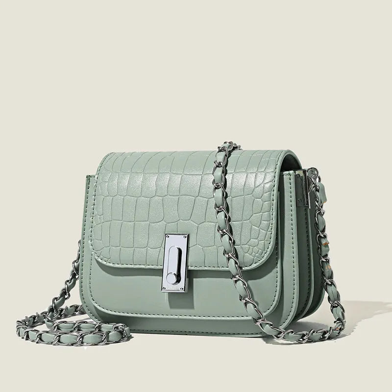 Women's soft PU crossbody shoulder bag in horizontal square shape, shown in black, white, and green colours.