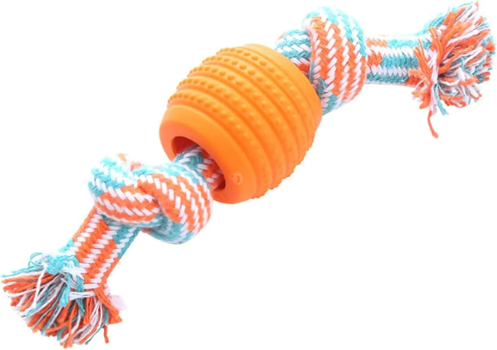 Blue molar-shaped dog chew toy with an integrated rope for dental care and play.