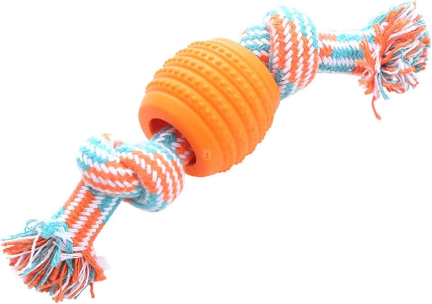 Blue molar-shaped dog chew toy with an integrated rope for dental care and play.