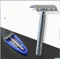 Double edged safety razor with stainless steel handle and metal storage box.