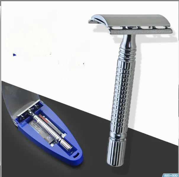 Double edged safety razor with stainless steel handle and metal storage box.