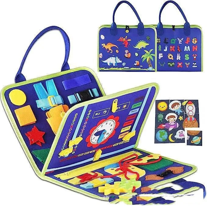 Felt learning board 28x23x3cm with DIY action elements for toddler educational play, fibre felt construction