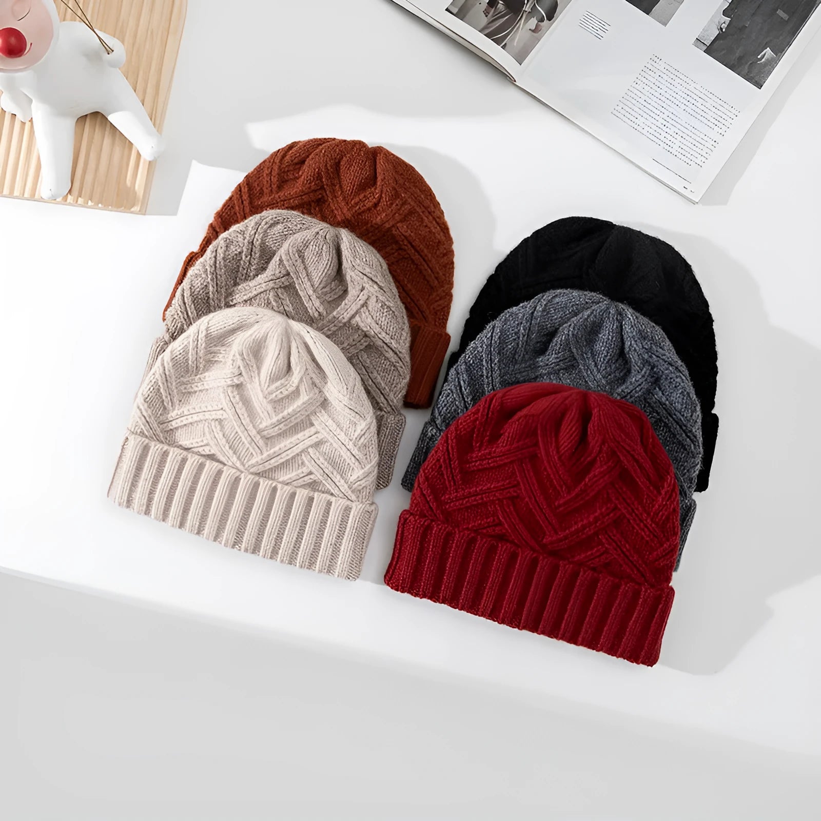 Wool knitted dome crown winter hat in assorted colours featuring a totem pattern.