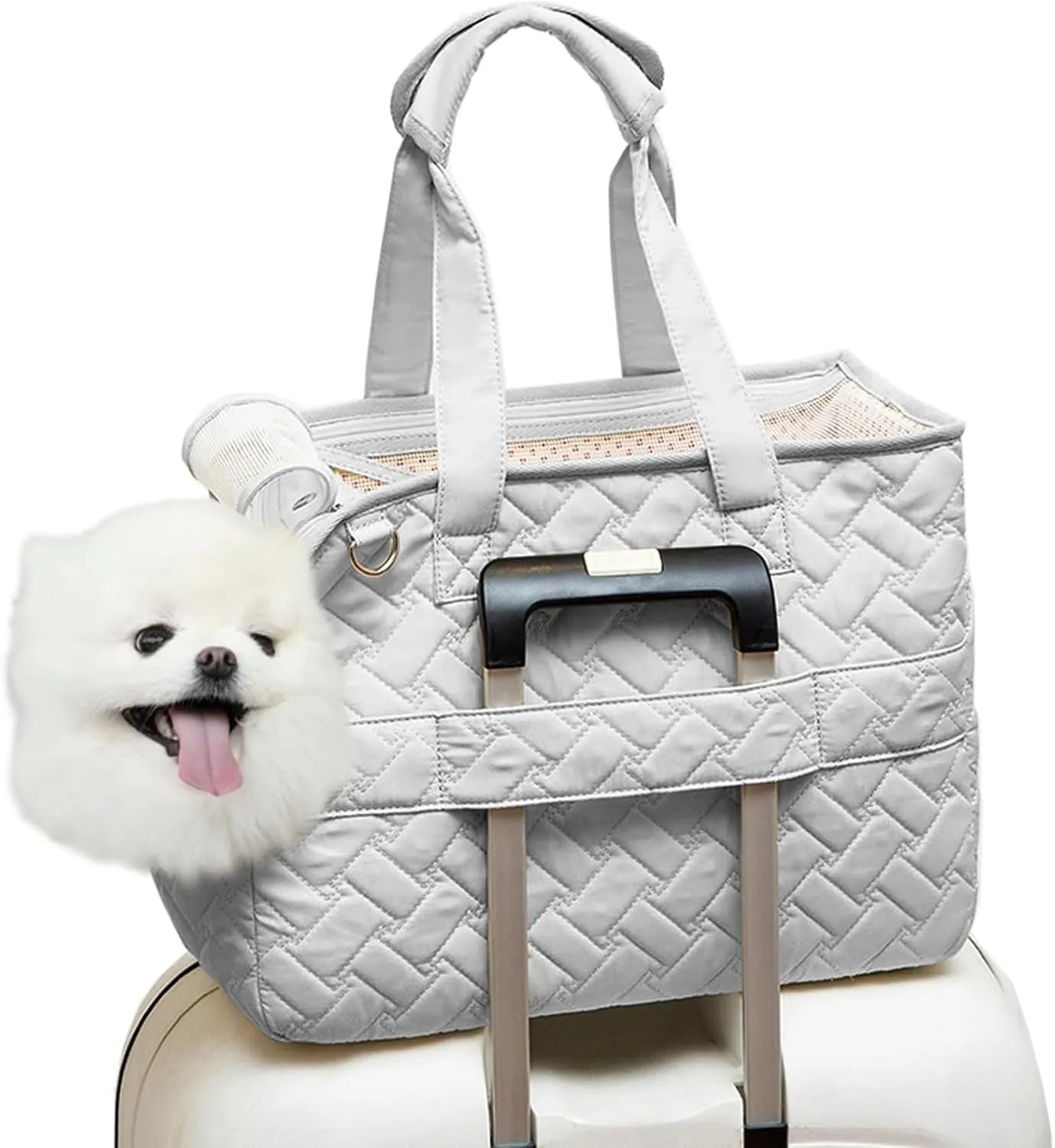 Grey handbag-style pet carrier for cats and small dogs with mesh windows and multiple pockets.