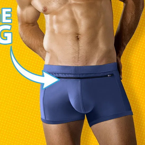 Men's polyester boxer shorts with front and back zipper pockets in multiple colours, sizes S to XL.