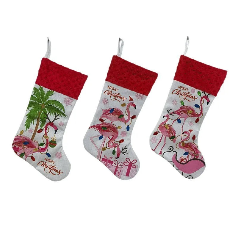 Large flamingo-patterned red Christmas stocking hanging decoration measuring 46 by 28 centimetres