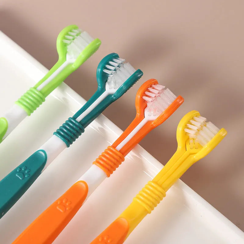 Pet toothbrush with angled handle and soft nylon bristles in multiple colour options for dog and cat dental care