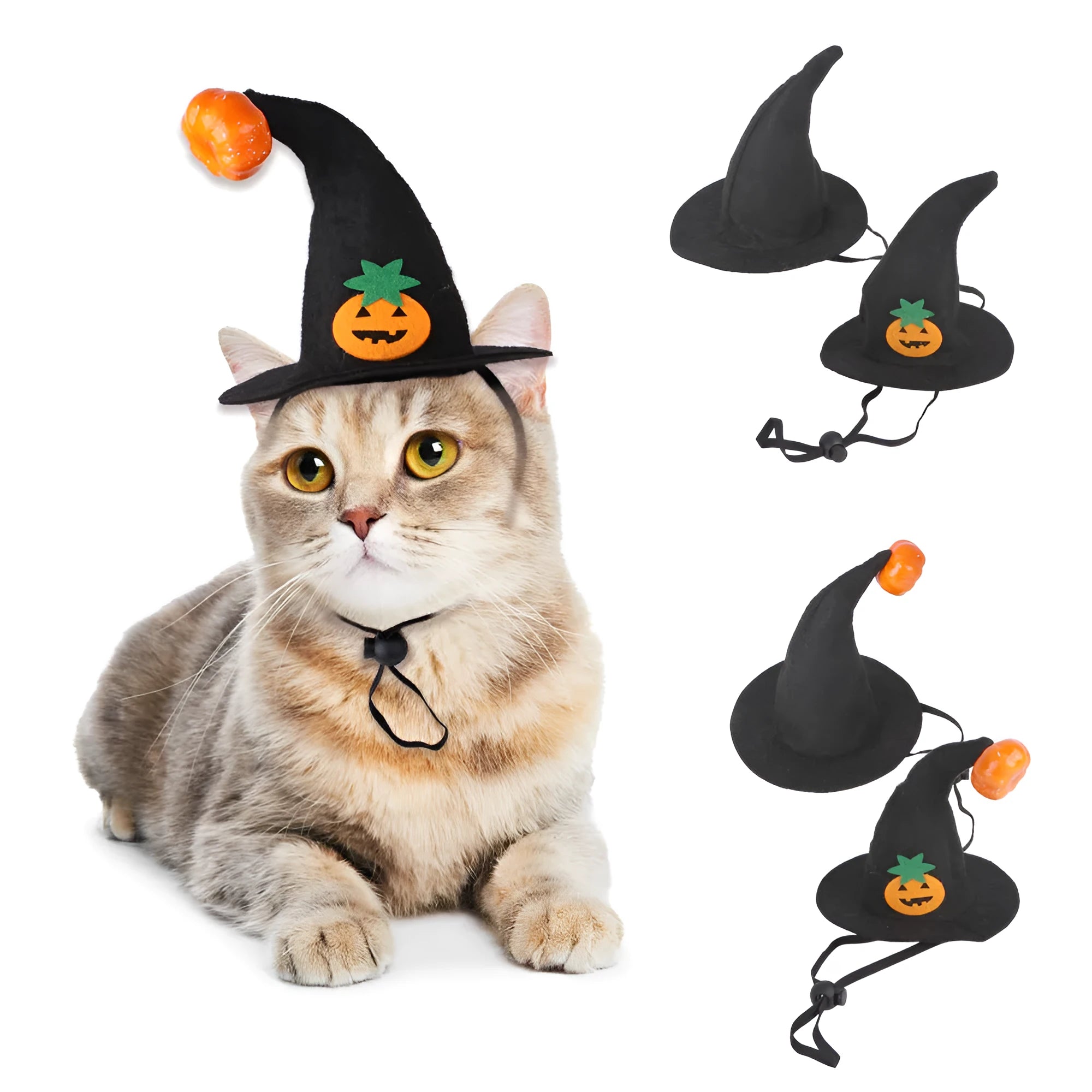 Pet cat wearing Halloween pumpkin hat costume with embossed cloth design