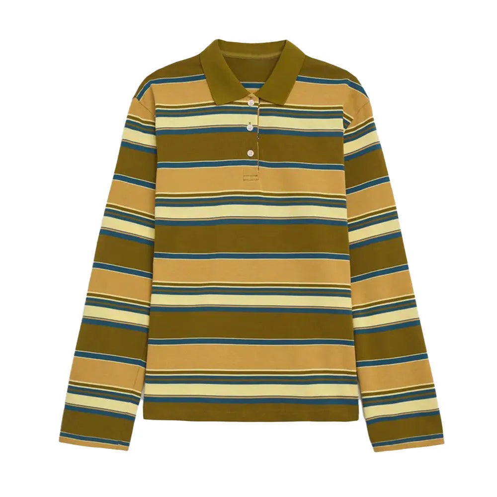 Loose retro long-sleeved striped cotton T-shirt in brown, contrast colour art retro style