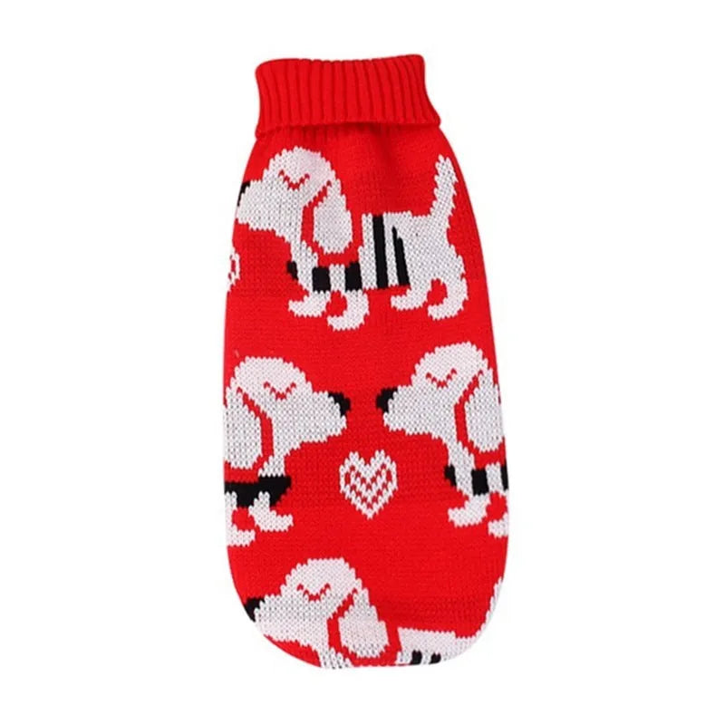 Christmas turtleneck knitting sweater for dogs in red reindeer pattern on a small dog, acrylic fabric, multiple sizes available