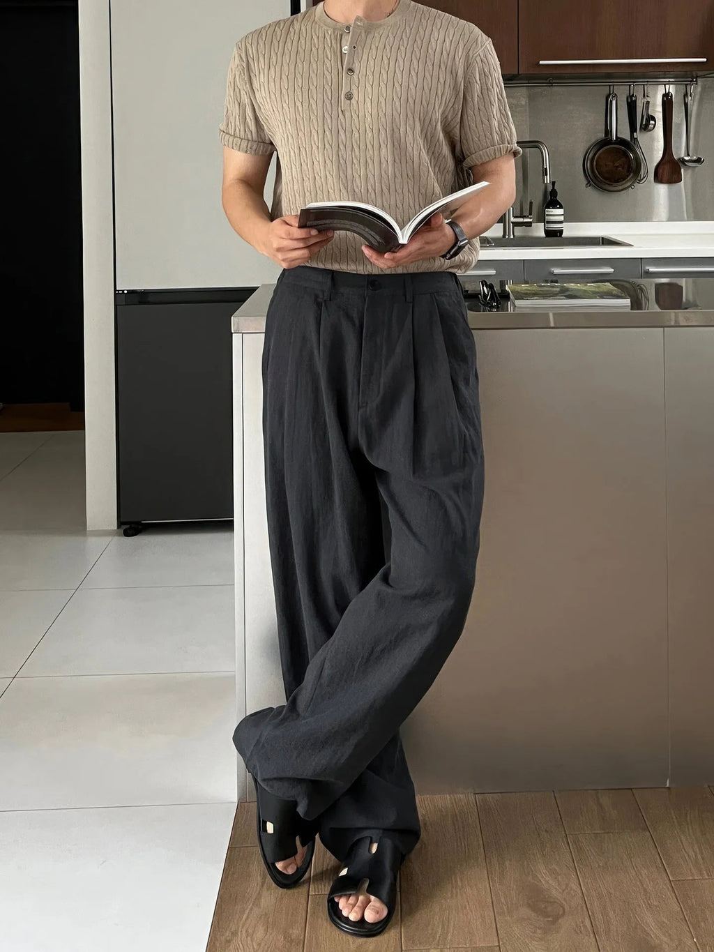 Army Green men's casual trousers with drawstring waist and Japanese-inspired design