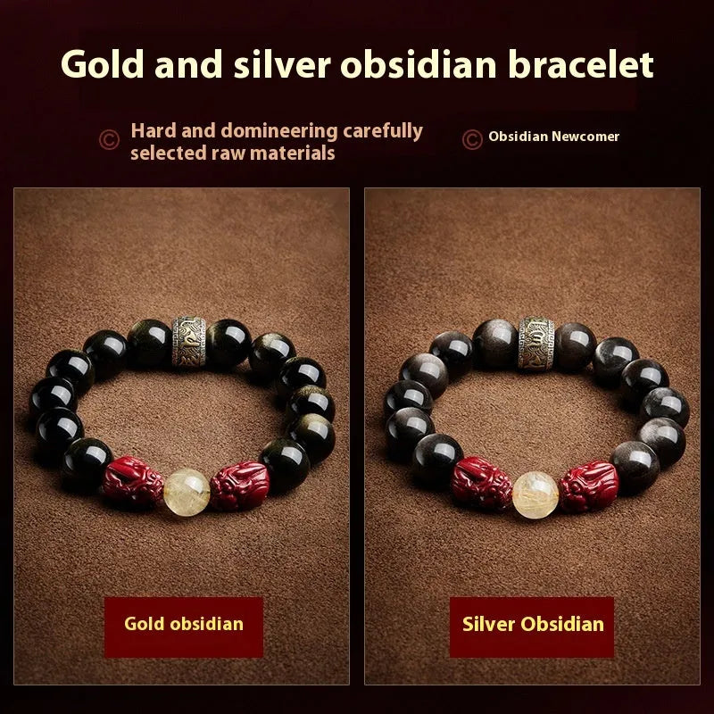 Hand-carved golden ox charm bracelet with beads in silver gift box