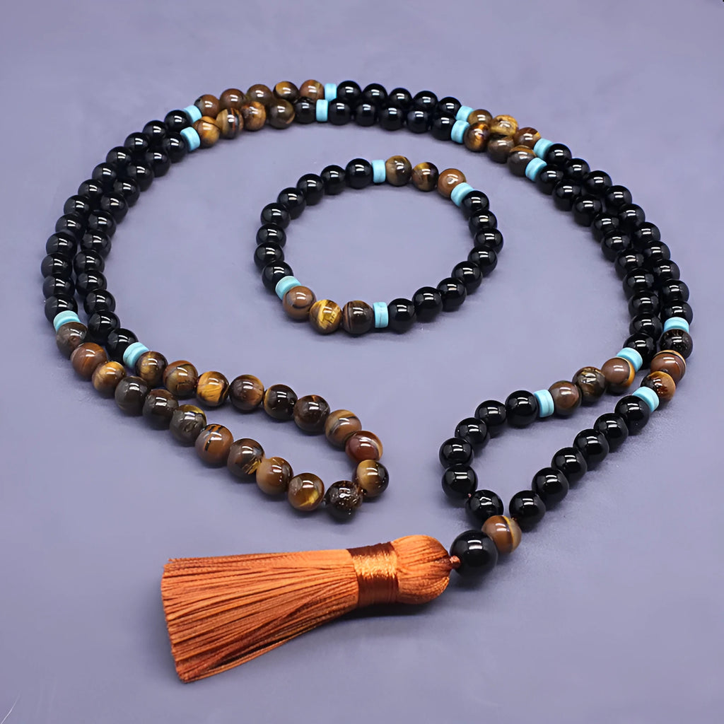 Black agate bracelet and tiger eye stone necklace set with geometric designs