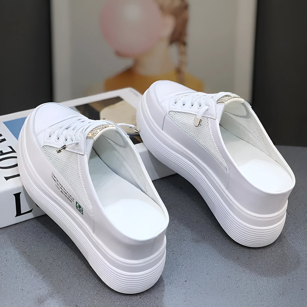 White women's mesh platform shoes with leather lining and rubber sole