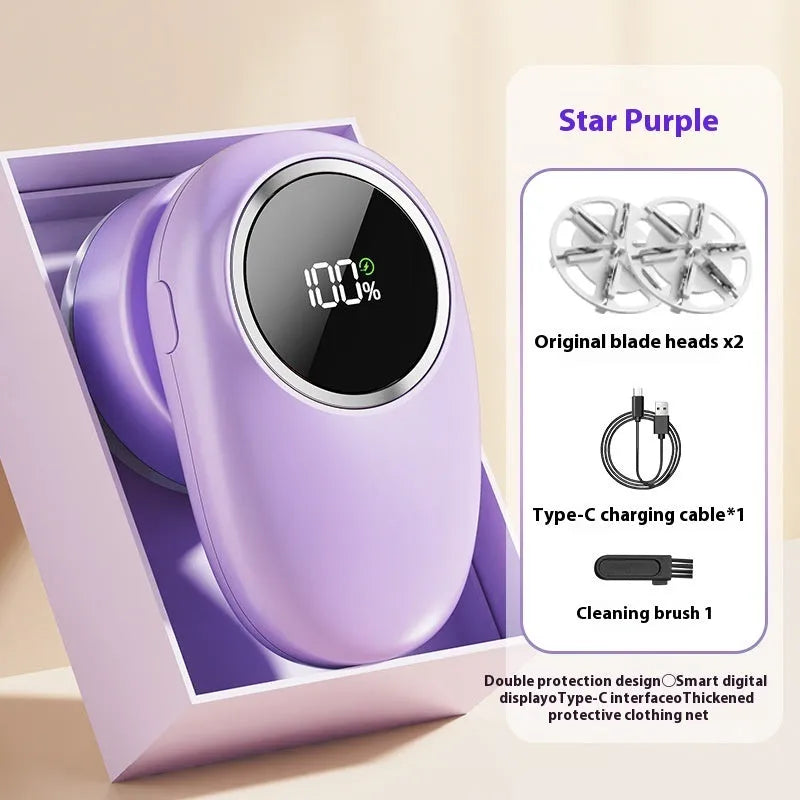 Purple and beige digital fur ball trimmer with LCD screen and multiple blade heads on a white background