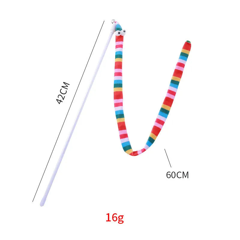 Cat wand teaser toy with polycarbonate handle and long plush strip in multiple colour options