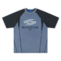 Blue hip hop letter print T-shirt with raglan sleeves on male model