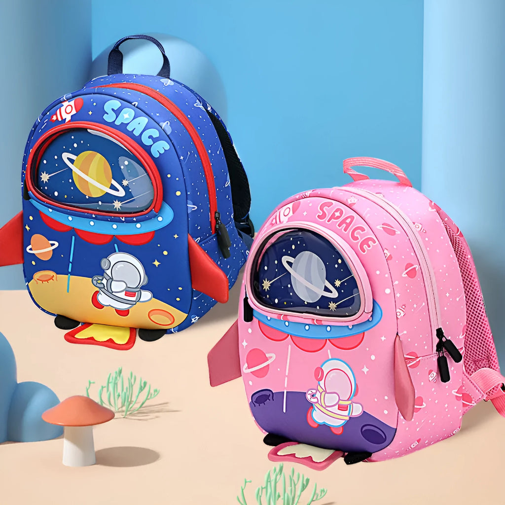 Children's SBR diving material anti lost backpack with zipper closure, cartoon rocket print, in blue colour, two sizes available.