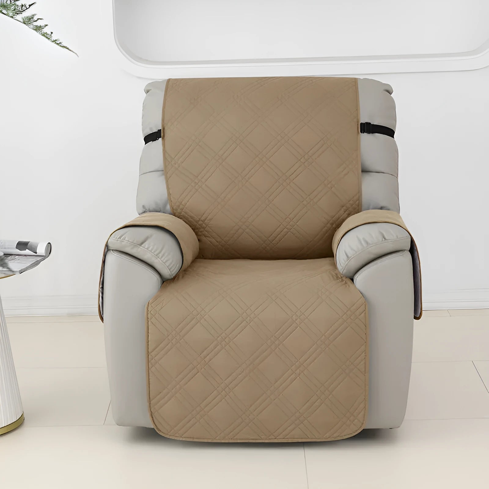 Quilted burgundy waterproof cover fitted on a Chivas massage chair sofa cushion.