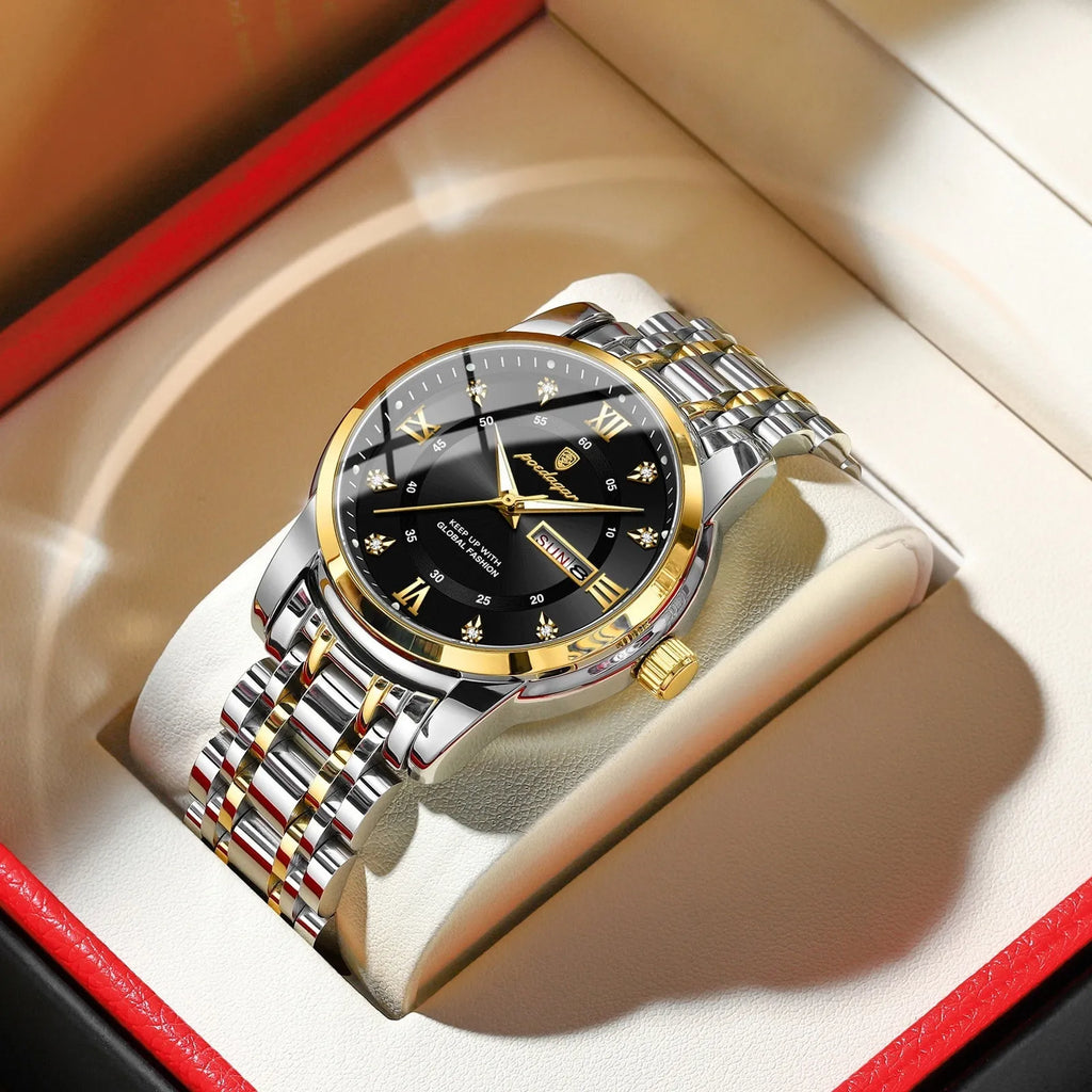 Waterproof men's quartz watch with double calendar, luminous hands, 41mm dial, stainless steel strap, black shell surface